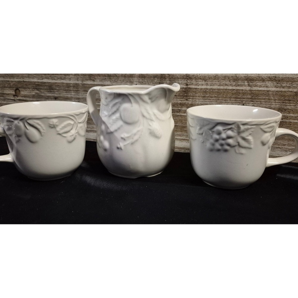 Vintage White Stoneware Fruit Embossed Pitcher and Mugs 3piece set Japan